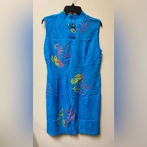 Mango Moon Hawaiian Sleeveless Dress Size L Blue Tropical Palm Trees Pockets